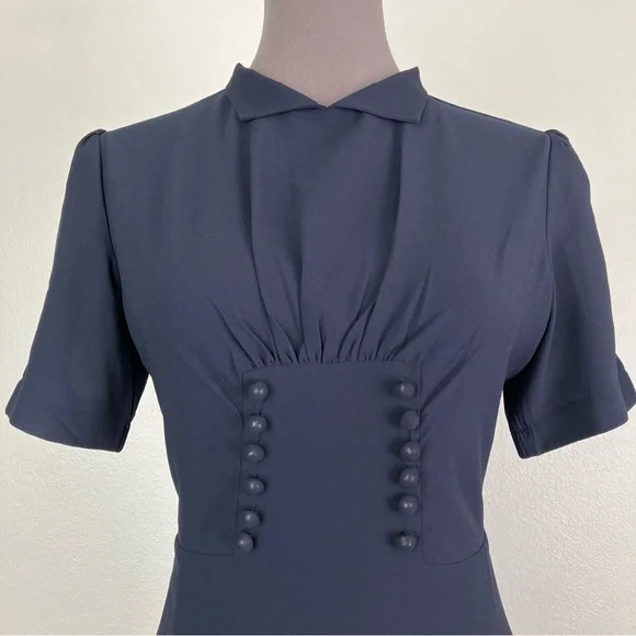 Lindy Bop 1940s Navy Blue Amelia Vintage Collared A-line Midi Dress UK 10 Small - Picture 3 of 15
